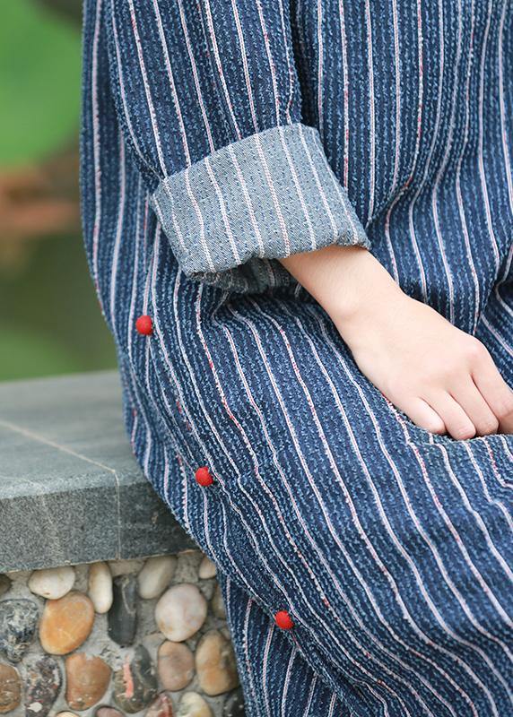 Simple stand collar side open tunic Tutorials denim blue striped A Line Dress - bagstylebliss