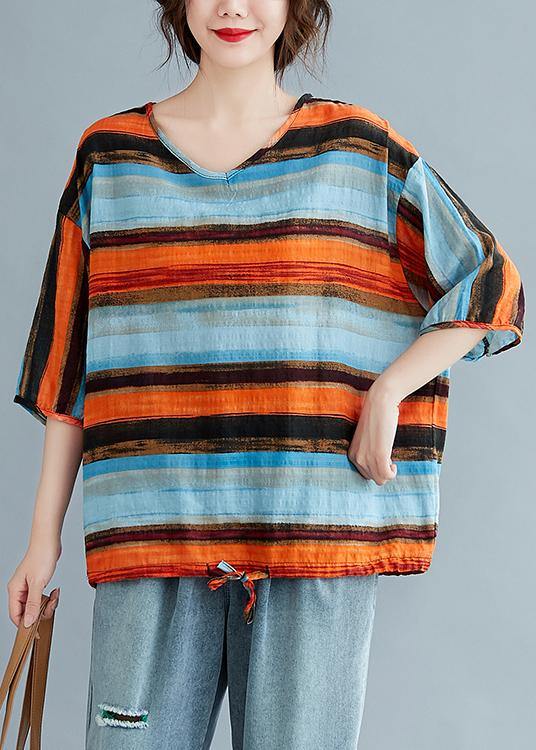 Simple striped linen cotton clothes Work drawstring summer shirt - bagstylebliss