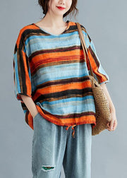 Simple striped linen cotton clothes Work drawstring summer shirt - bagstylebliss