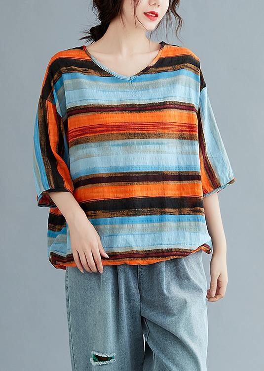 Simple striped linen cotton clothes Work drawstring summer shirt - bagstylebliss