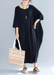 Simple summer Cotton dress o neck loose black Dresses - bagstylebliss