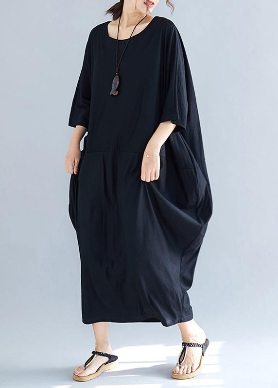 Simple summer Cotton dress o neck loose black Dresses - bagstylebliss