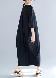 Simple summer Cotton dress o neck loose black Dresses - bagstylebliss