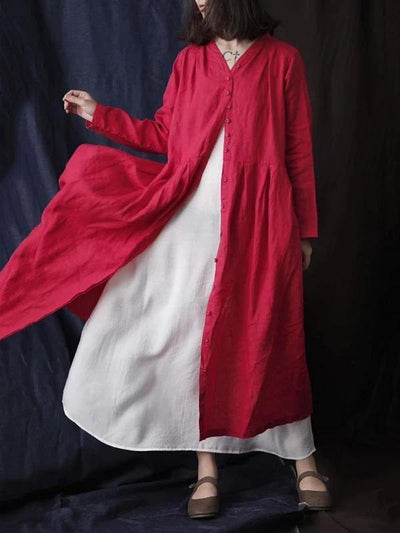 Simple v neck Button Down cotton linen spring dresses red long Dress - bagstylebliss