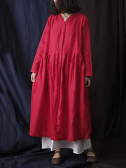 Simple v neck Button Down cotton linen spring dresses red long Dress - bagstylebliss