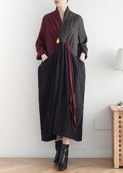 Simple v neck asymmetric linen dresses Wardrobes red patchwork black Dresses fall - bagstylebliss