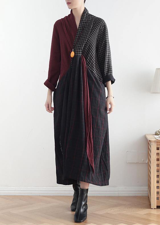 Simple v neck asymmetric linen dresses Wardrobes red patchwork black Dresses fall - bagstylebliss