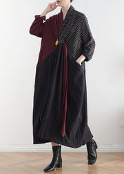 Simple v neck asymmetric linen dresses Wardrobes red patchwork black Dresses fall - bagstylebliss