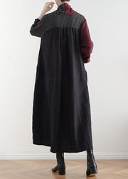 Simple v neck asymmetric linen dresses Wardrobes red patchwork black Dresses fall - bagstylebliss