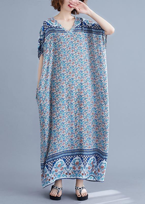 Simple v neck batwing sleeve dresses blue floral Art Dress summer - bagstylebliss