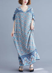 Simple v neck batwing sleeve dresses blue floral Art Dress summer - bagstylebliss