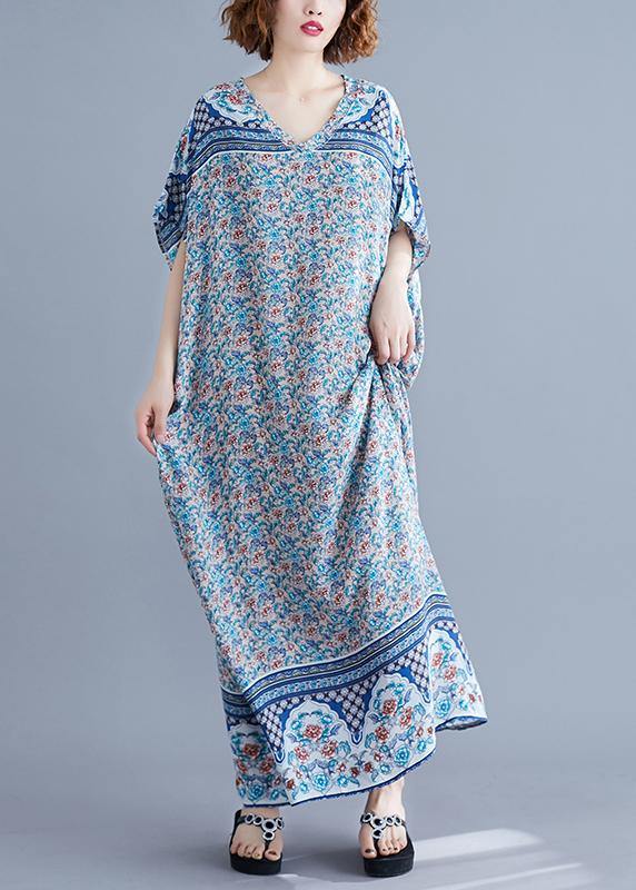 Simple v neck batwing sleeve dresses blue floral Art Dress summer - bagstylebliss