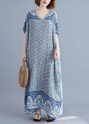 Simple v neck batwing sleeve dresses blue floral Art Dress summer - bagstylebliss