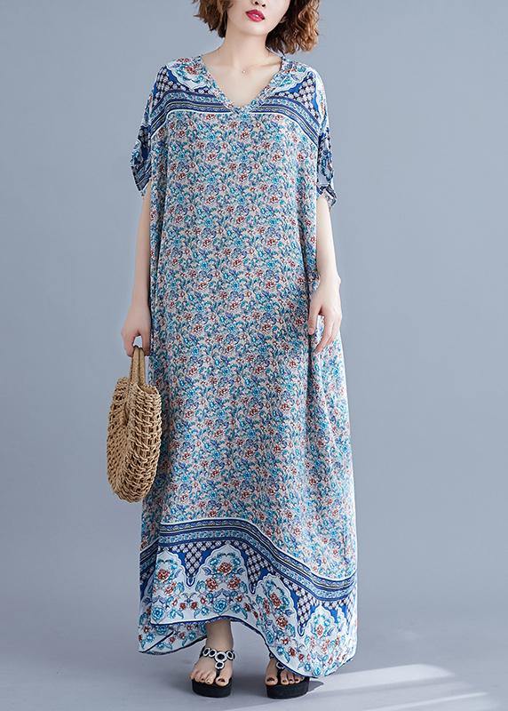 Simple v neck batwing sleeve dresses blue floral Art Dress summer - bagstylebliss