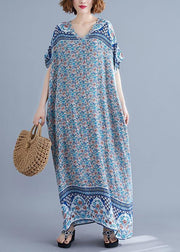 Simple v neck batwing sleeve dresses blue floral Art Dress summer - bagstylebliss