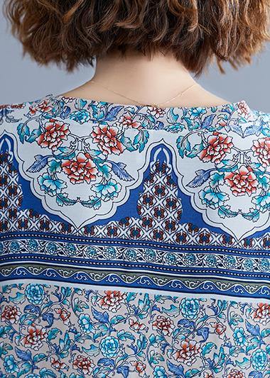 Simple v neck batwing sleeve dresses blue floral Art Dress summer - bagstylebliss