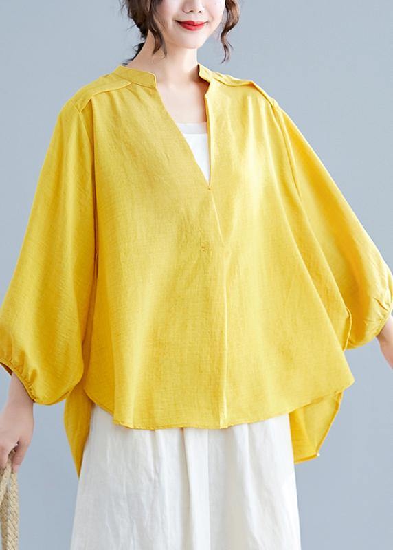 Simple v neck batwing sleeve linen crane tops yellow oversized blouses summer - bagstylebliss