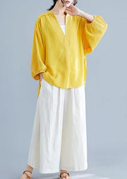 Simple v neck batwing sleeve linen crane tops yellow oversized blouses summer - bagstylebliss