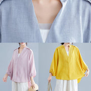 Simple v neck batwing sleeve linen crane tops yellow oversized blouses summer - bagstylebliss