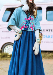 Simple v neck cotton embroidery clothes Women Tutorials blue Art Dresses - bagstylebliss