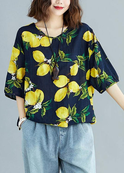 Simple v neck cotton linen summer linen tops women yellow prints Midi blouses - bagstylebliss