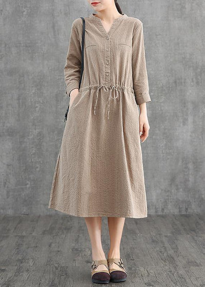 Simple v neck drawstring cotton Soft Surroundings Neckline khaki striped Dress - bagstylebliss