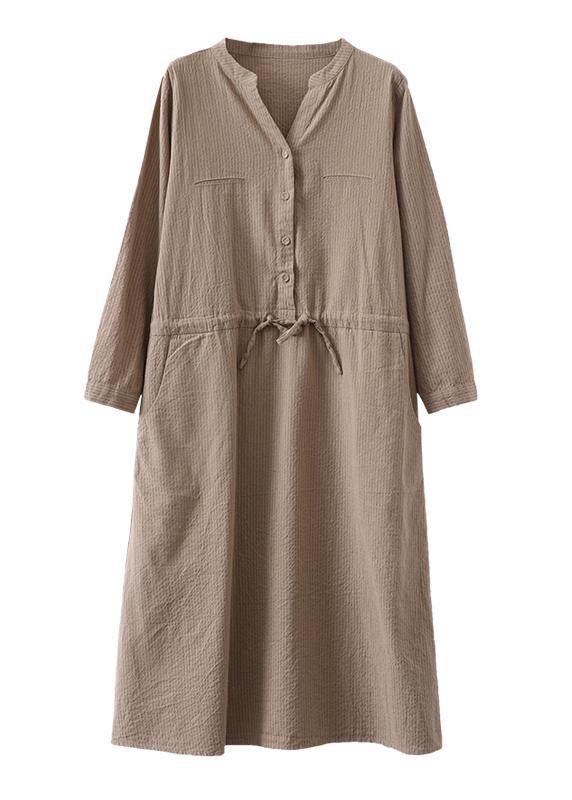 Simple v neck drawstring cotton Soft Surroundings Neckline khaki striped Dress - bagstylebliss