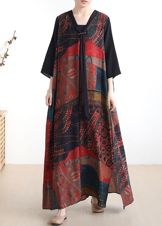 Simple v neck half sleeve chiffon summer Robes Fine Wardrobes red print A Line Dress - bagstylebliss