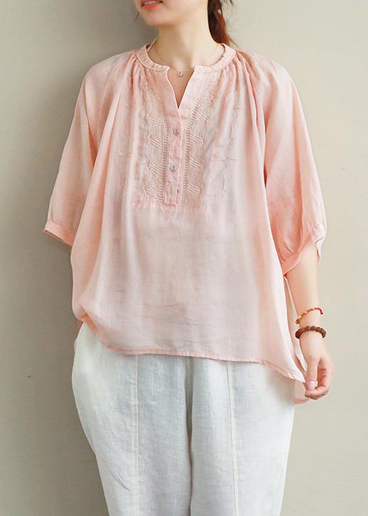 Simple v neck lantern sleeve linen top silhouette Fashion Ideas pink embroidery shirt - bagstylebliss