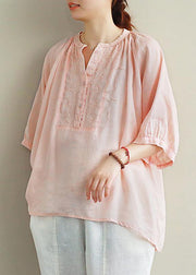 Simple v neck lantern sleeve linen top silhouette Fashion Ideas pink embroidery shirt - bagstylebliss