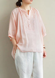 Simple v neck lantern sleeve linen top silhouette Fashion Ideas pink embroidery shirt - bagstylebliss