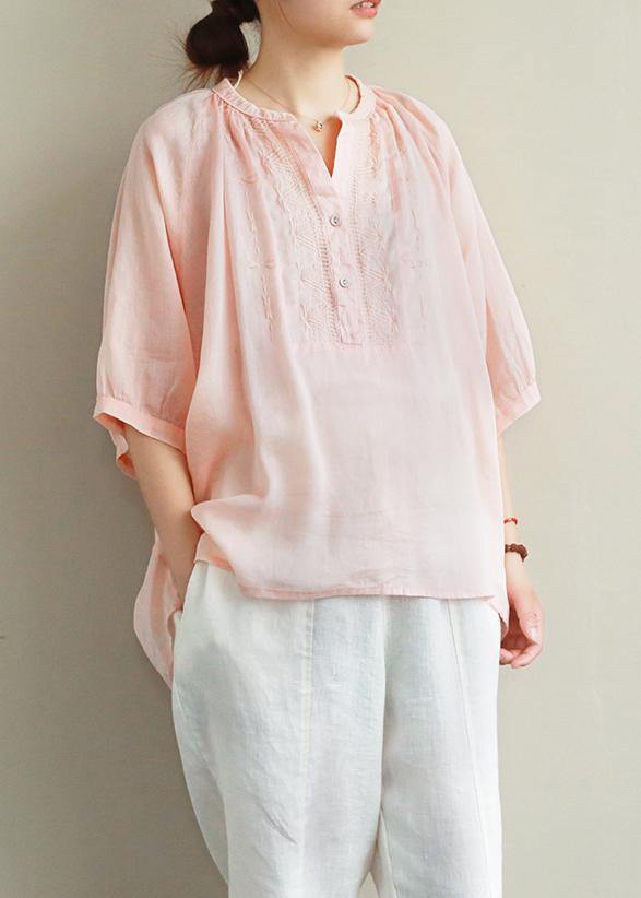 Simple v neck lantern sleeve linen top silhouette Fashion Ideas pink embroidery shirt - bagstylebliss