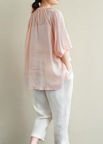 Simple v neck lantern sleeve linen top silhouette Fashion Ideas pink embroidery shirt - bagstylebliss