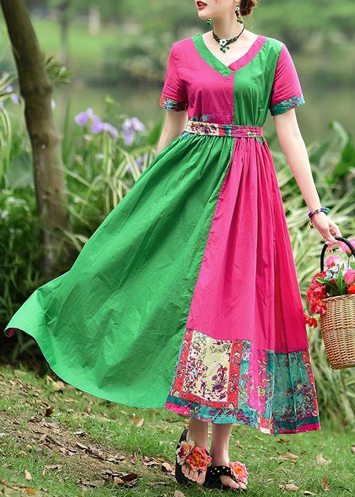 Simple v neck patchwork cotton dresses Shape red green print cotton Dresses summer - bagstylebliss