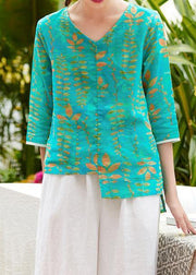 Simple v neck patchwork linen box top Fabrics green prints blouses summer - bagstylebliss