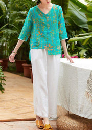 Simple v neck patchwork linen box top Fabrics green prints blouses summer - bagstylebliss