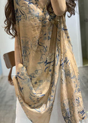 Simple v neck prints linen clothes side open loose Dress - bagstylebliss