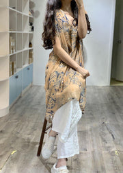 Simple v neck prints linen clothes side open loose Dress - bagstylebliss