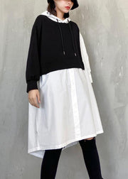 Simple white clothes Women hooded patchwork Dresses - bagstylebliss