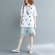 Simple white embroidery cotton clothes Vintage Inspiration o neck loose shirt