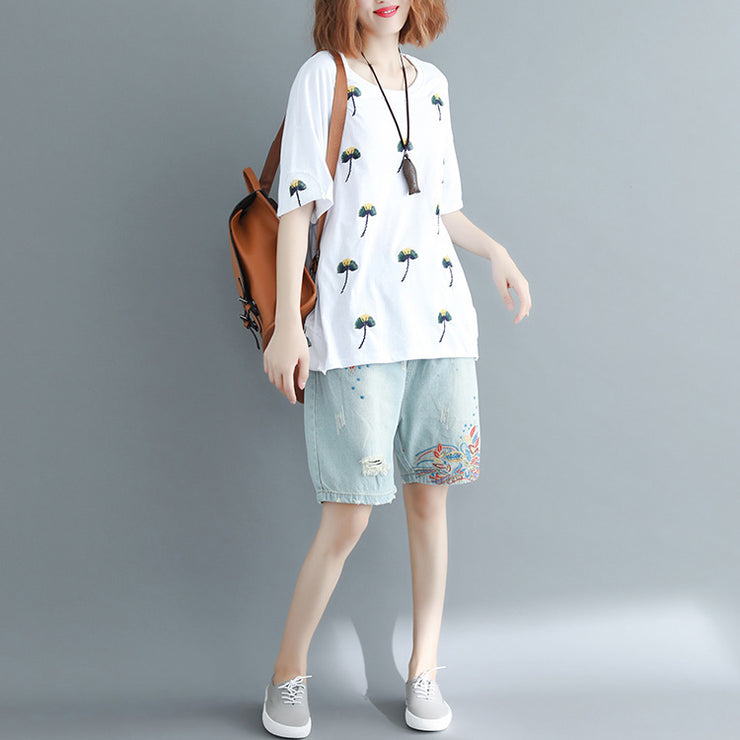 Simple white embroidery cotton clothes Vintage Inspiration o neck loose shirt