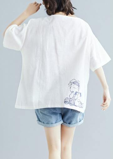 Simple white print linen clothes Fabrics o neck baggy blouse - bagstylebliss