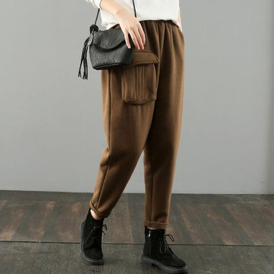 Simple women trousers Thin chocolate Fabrics pockets harem pants wild pants - bagstylebliss