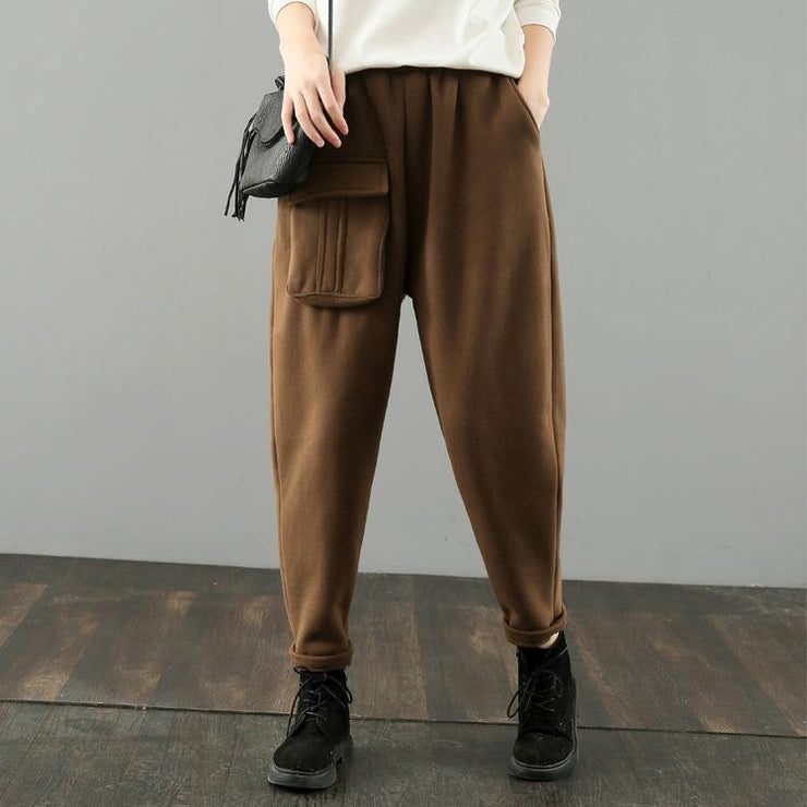 Simple women trousers Thin chocolate Fabrics pockets harem pants wild pants - bagstylebliss