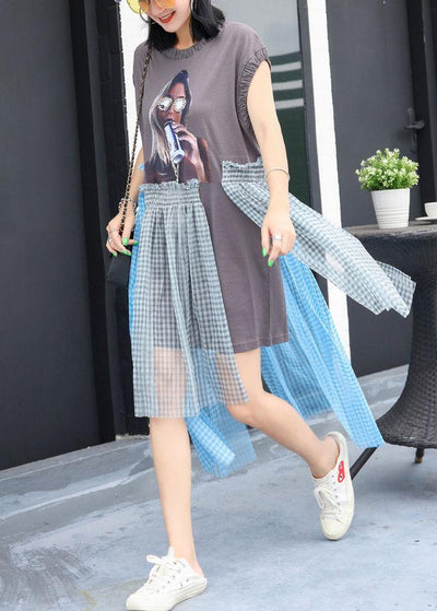 Simple Cinched o neck cotton Long Shirts Work Outfits gray patchwork cotton Dress summer - bagstylebliss