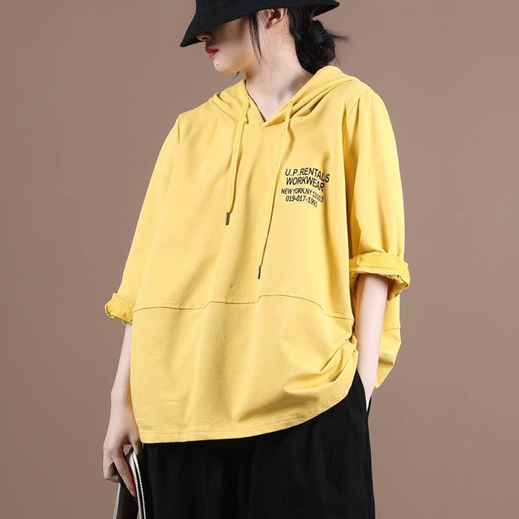 Simple yellow Letter shirts hooded patchwork loose shirt - bagstylebliss
