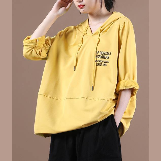 Simple yellow Letter shirts hooded patchwork loose shirt - bagstylebliss