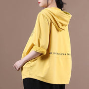 Simple yellow Letter shirts hooded patchwork loose shirt - bagstylebliss