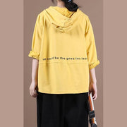 Simple yellow Letter shirts hooded patchwork loose shirt - bagstylebliss