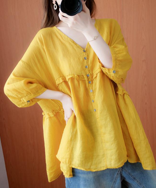 Simple yellow Tunic v neck lantern sleeve Plus Size Clothing blouse - bagstylebliss